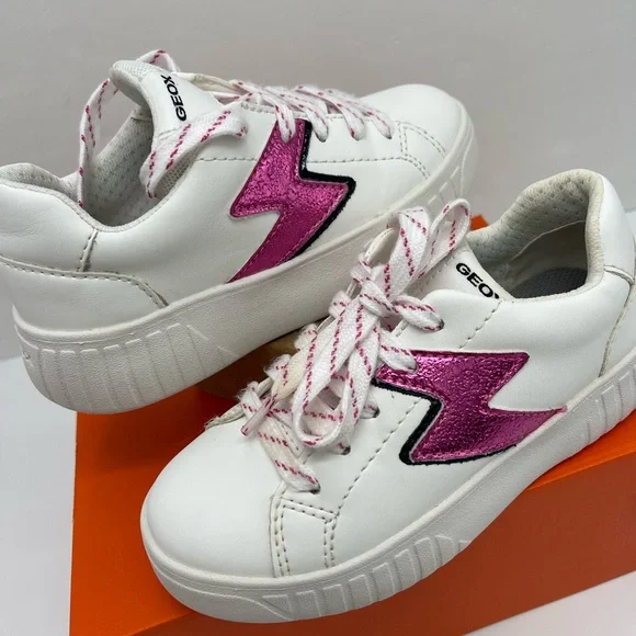 Geox Kids White Leather Sneakers with Pink Lightning Bolt with orthopedic insole - Picture 7 of 16